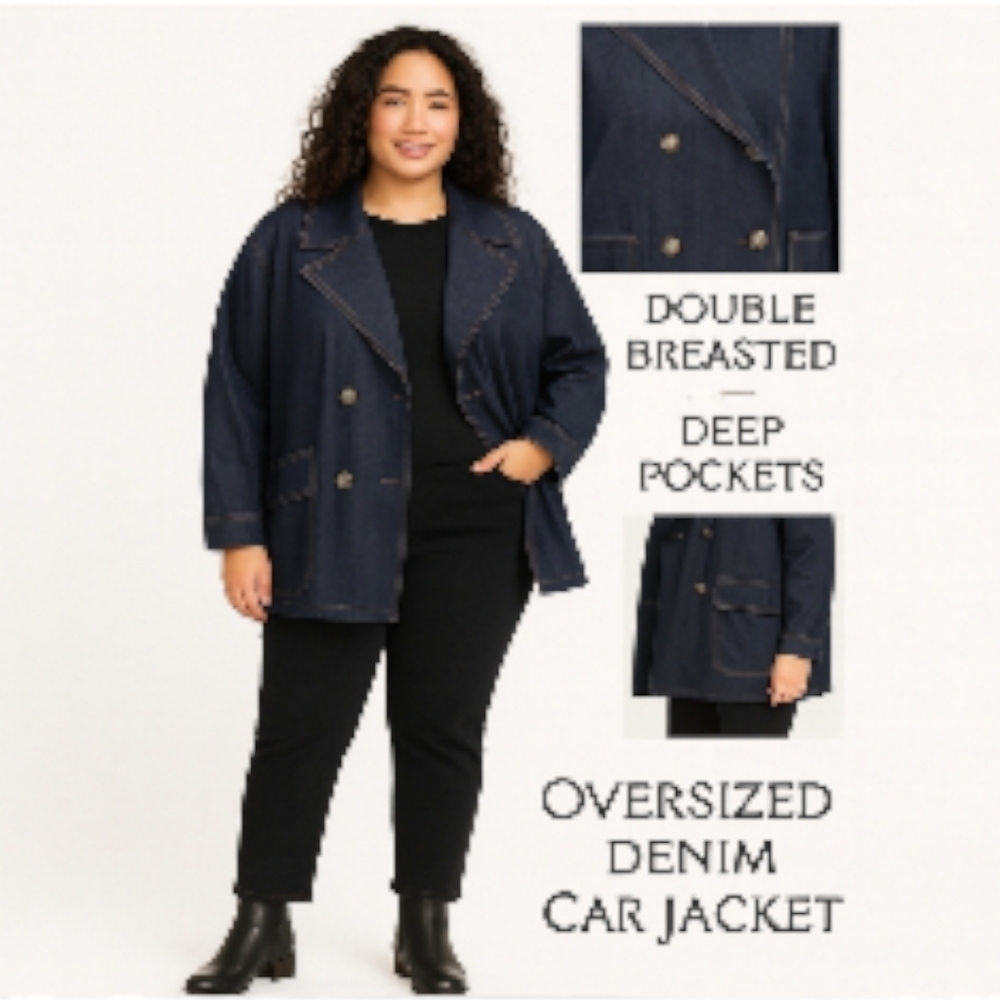 Free People Xl Oversized Denim Car Jacket Double-Breasted, Deep Pockets